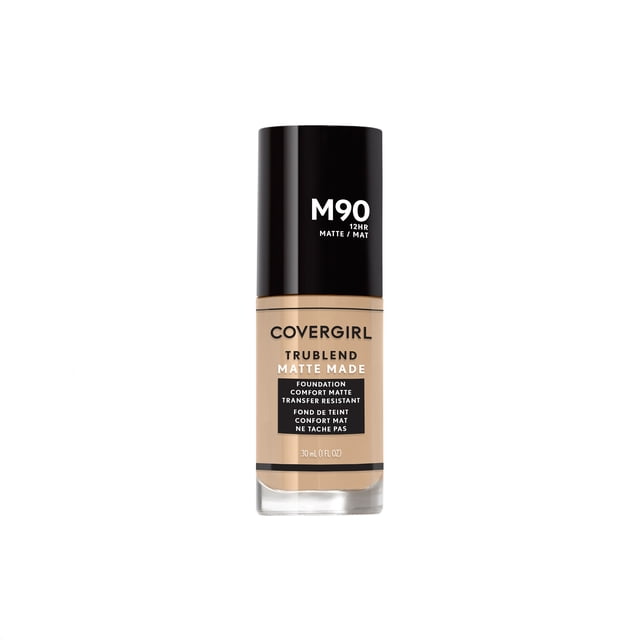 COVERGIRL Trublend Matte Made Foundation in shade M90, 30 ml liquid foundation with a matte, transfer-resistant formula lasting up to 12 hours, offering a comfortable, oil-free finish that minimizes pores and suits normal to oily skin.