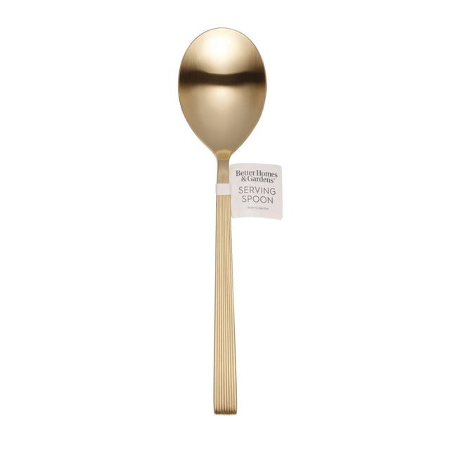 BHG River Gold Satin Serving Spoon with a satin gold stainless steel finish, ribbed ergonomic handle, and smooth rounded bowl, designed as a flatware serving utensil for dining and entertaining.