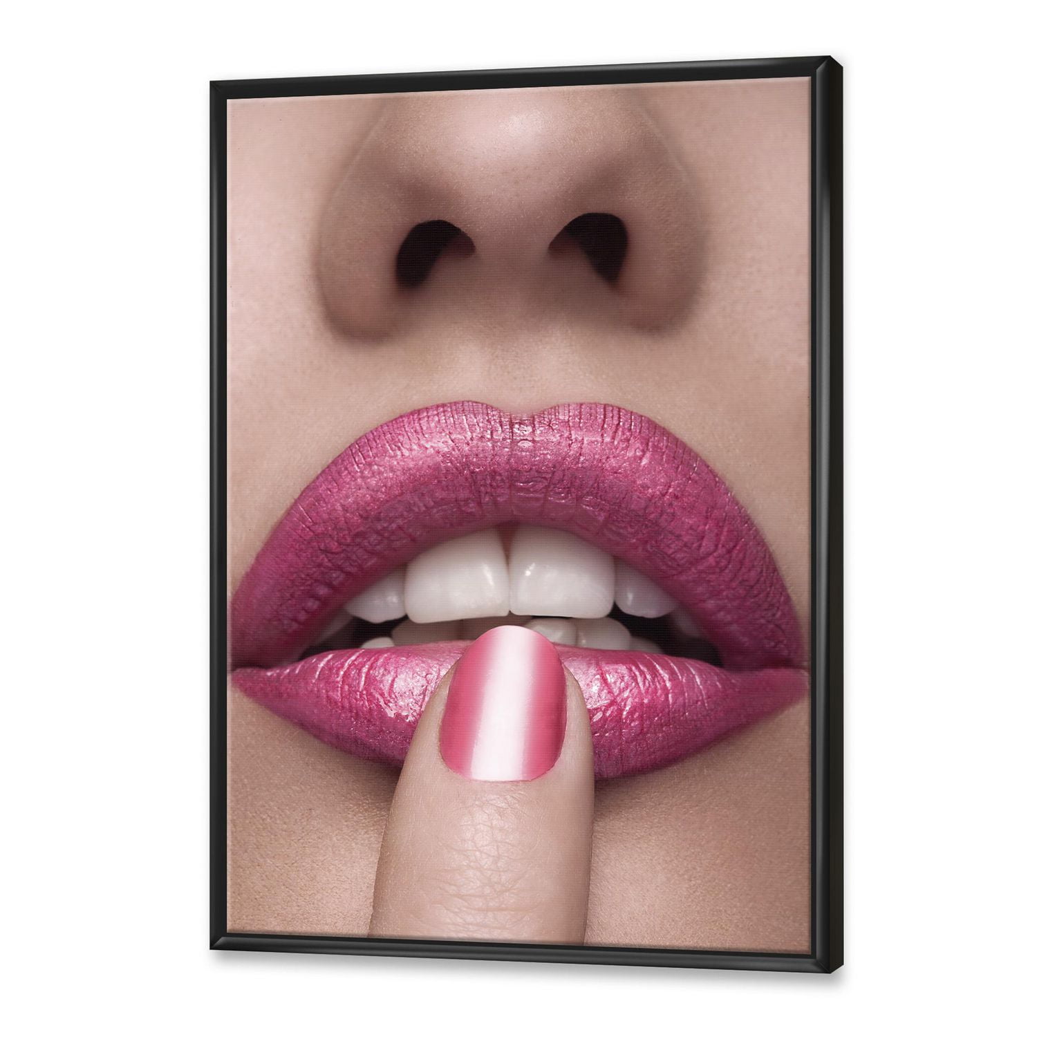 Designart Lèvres roses de femme avec le doigt sur la bouche ART MURAL À CADRE FLOTTÉ