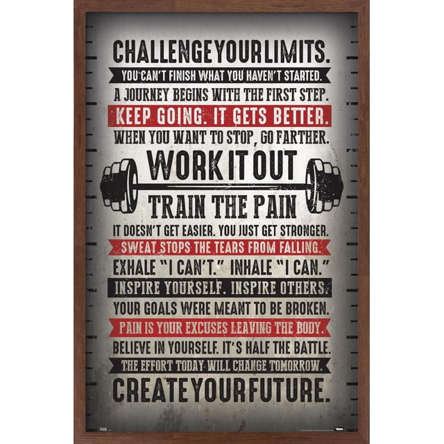 Challenge Your Limits Wall Poster, 14.725" x 22.375", framed motivational wall art with bold black and red text on a textured white background and wooden frame. Features fitness and perseverance quotes including 'Work It Out,' 'Train The Pain,' and 'Keep Going. It Gets Better.' with a barbell graphic. Suitable for home décor in bedrooms, offices, gyms, or dorms, and ideal as an inspiring gift.