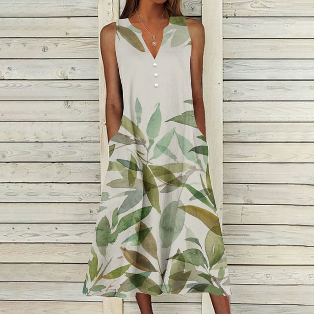 EGNMCR Robes de Fête pour Femmes Robe d'Été pour Femmes Design Décontracté Robe Dégradée Sans Manches Col en V Longue Robe