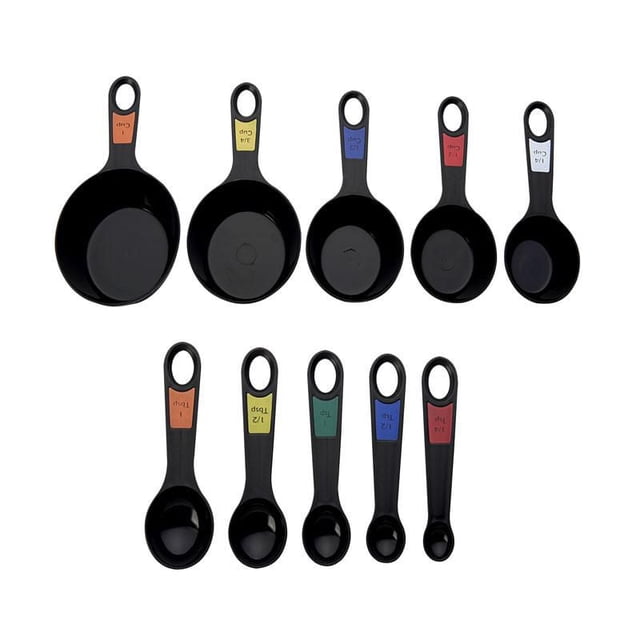 Farberware Measuring Cup and Spoon 10-Piece Set black colour, front-facing nested set of measuring cups and spoons; includes 1/4, 1/3, 1/2, 3/4 and 1-cup plus 1/4, 1/2, 1 teaspoon and 1/2, 1 tablespoon, dishwasher-safe and durable for precise baking; often used as a portioning kit for meal-prep jars.