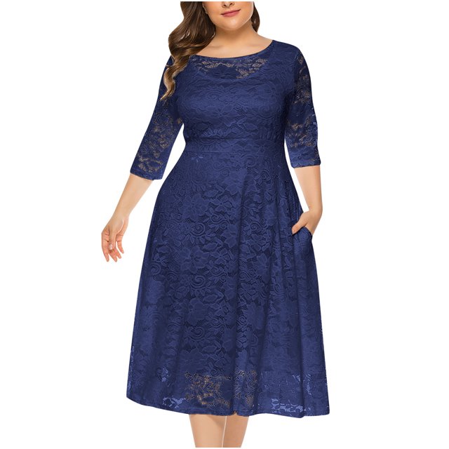 Pompotops Robe de Soirée pour Femmes, Grande Taille, en Dentelle Ajourée avec Poches, Robe Longue, en Solde