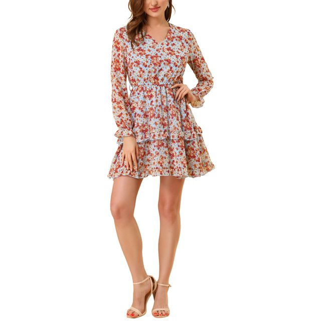 INSPIRE CHIC Robe à Ourlet Volanté à Manches Longues à Taille Élastique à Motif Floral pour Femme avec Ceinture Bleu P