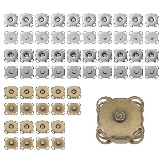 Unique Bargains Magnetic Snap 14mm Metal Fasteners for Clothing Purse, 3 Colors. A set of durable alloy magnetic fasteners with a smooth, burr-free finish in silver and brass tones. Each fastener includes four sewing holes for easy installation, ideal for DIY projects like handbags, wallets, and jackets.