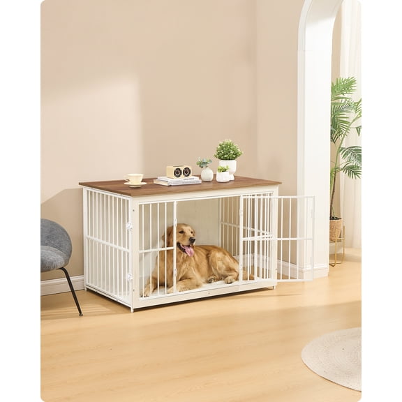 Meuble Cage pour Chien en Bois, Niche Intérieure pour Chien avec Doubles Portes, 46.5 x 29.1 x 29.5 Pouces, Jaune Brun