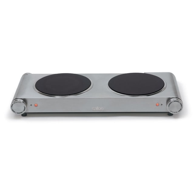 Salton Stainless Steel Infrared Cooktop Double Burner 1800W with two 7.4-inch black burners on a stainless steel base, featuring separate heat control knobs and indicator lights, providing fast, efficient heating compatible with all cookware types, suitable for portable cooking and buffet warming.
