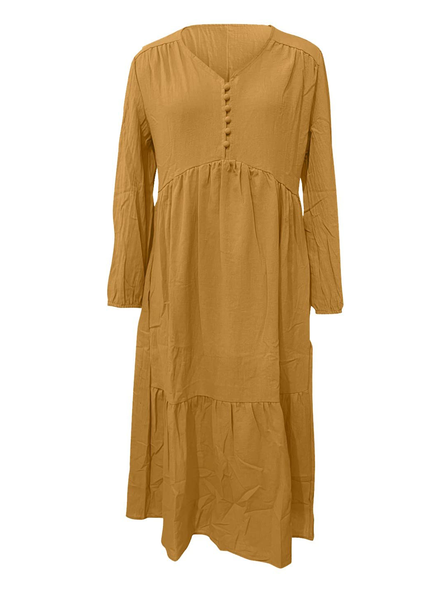 Sexy Dance Robe Longue pour Femmes, Décor de Boutons, Robes Maxi, Col en V, Plissée, Manches Longues, Jaune - Brun, 3TG