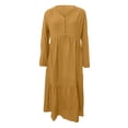 thumbnail image 1 of Sexy Dance Robe Longue pour Femmes, Décor de Boutons, Robes Maxi, Col en V, Plissée, Manches Longues, Jaune - Brun, 3TG, 1 of 5