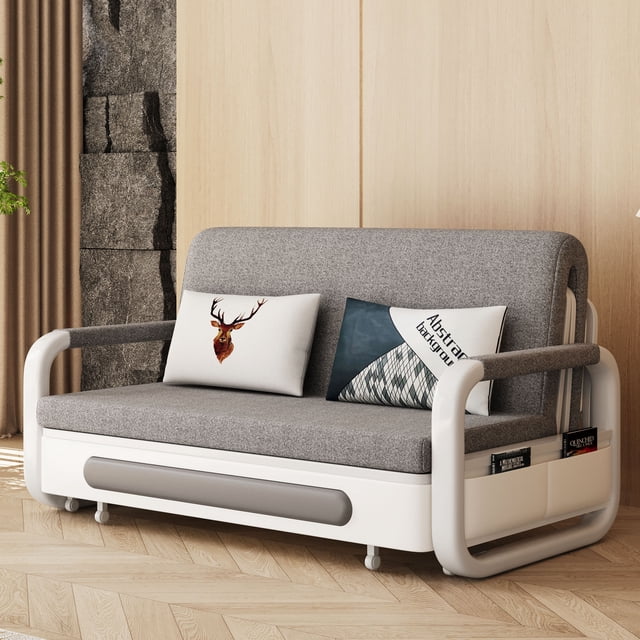NessCarsti Furniture Canapé-Lit 3-en-1 Moderne pour Salon en Tissu Gris Coton-Lin, Montré dans un Décor de Salon Élégant. Ce Canapé-Lit Polyvalent Présente un design à Roulettes pour une conversion Facile d'Un Canapé à un Lit, un Rangement à Dessus Rabattable Intégré pour l'Essentiel, et des Coussins Amovibles et Lavables pour Plus de Commodité. le Cadre Blanc Élégant avec Rangement Latéral Intégré Ajoute de la Fonctionnalité et une Esthétique Moderne.
