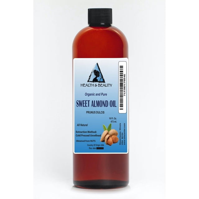 Huile d'Amande Douce Biologique Non Raffinée Pressée à Froid 100 % pure 16 oz par Health & Beauty. le Produit Est Emballé dans une Bouteille en Plastique Ambre de 16 oz avec un Bouchon à Vis Noir. l'Étiquette Met en Valeur Sa formulation Biologique et pure, Méthode d'Extraction Pressée à Froid et nature Non Raffinée. Convient pour Hydrater la Peau, Apaiser les Zones Sèches Ou Irritées, et à Utiliser dans des Produits de Soins Personnels comme des lotions, des Savons et des Baumes à Lèvres. Ne Contient Pas d'Additifs Ni de Transporteurs