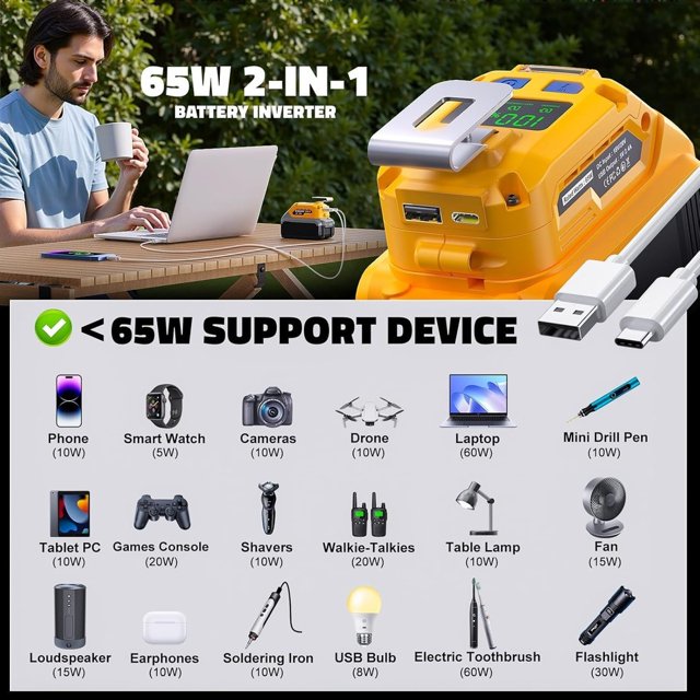 Adaptateur de Batterie 65W pour Dewalt 20V : Chargeur de Batterie Sans Fil Portable Power Inve