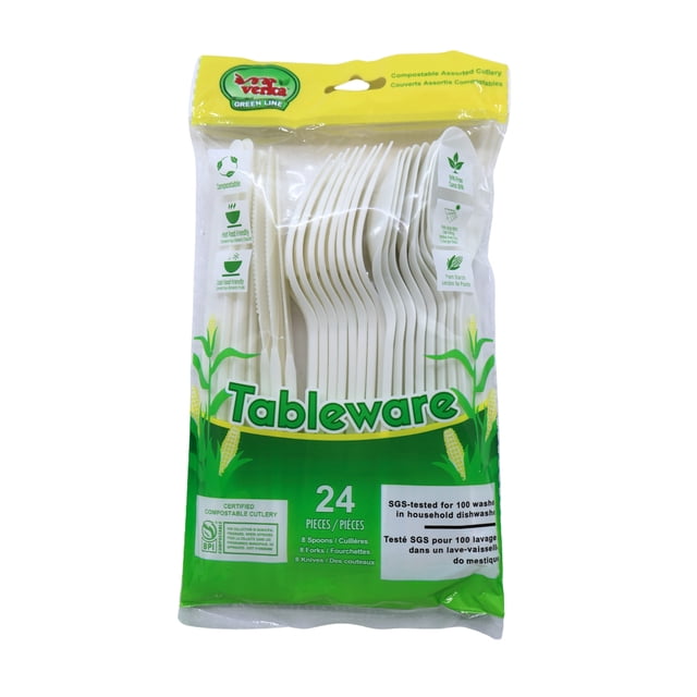 Verka Green Line Compostable Assorted Cutlery, 24 Pieces, includes 8 spoons, 8 forks, and 8 knives made from plant starch. This eco-friendly disposable cutlery set is BPI certified compostable, suitable for hot and cold foods, and SGS-tested to withstand 100 dishwasher cycles. Ideal for party tableware and picnics, packaged in a clear bag with green and yellow corn-themed branding.