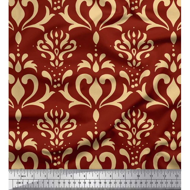 Soimoi Tissu Crêpe polyester Rouge Imprimé Damas Filigrane Tissu de Couture Yard 52 Pouces de Large