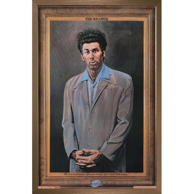Seinfeld - Kramer Wall Poster, 22.375" x 34" featuring a framed portrait of Kramer wearing a light brown jacket over a blue collared shirt, set against a dark background with the title 'THE KRAMER' above and a quote below reading 'He is a loathsome offensive brute, yet I can't look away.'
