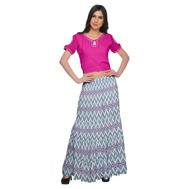 Moomaya Printed Two Piece Flared Skirt And Crop Top Rayon Ethnic Set For Girls