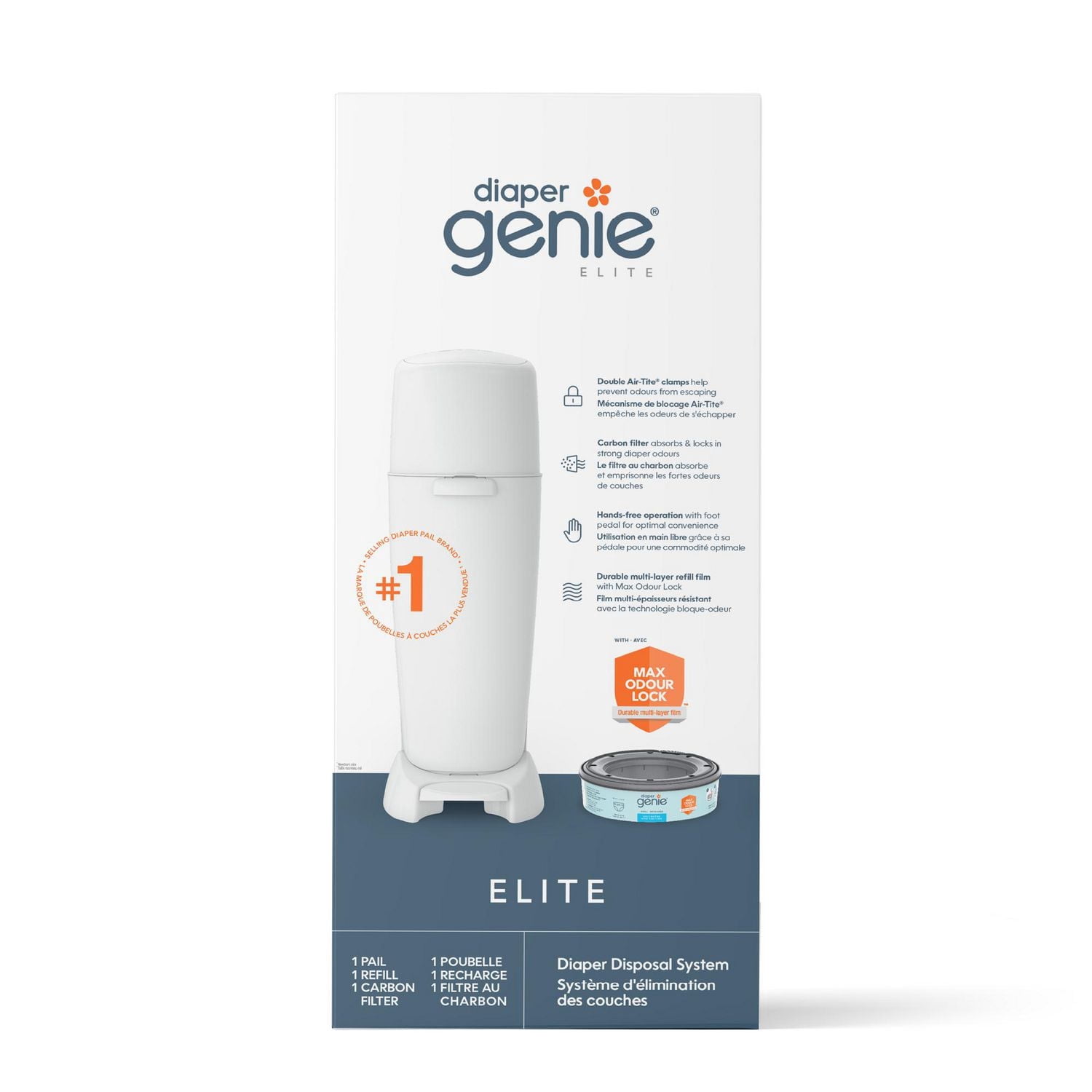 Diaper Genie Elite Diaper Pail, White, Foot Pedal, Air-Tite® Clamps, Carbon Filter