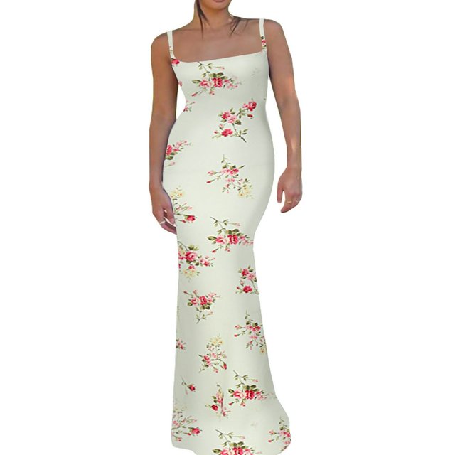 Robe Longue Maxi Sans Manches à Bretelles Spaghetti Découpée à Imprimé Floral pour Femmes