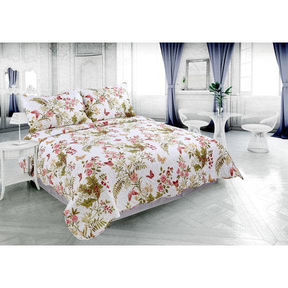 Marina Decoration Rich Printed Stitching Coverlet Bedspread Ultra Soft Summer Quilt Set with Quilted Shams, Butterfly and Flower Pattern Pink Green Red Color