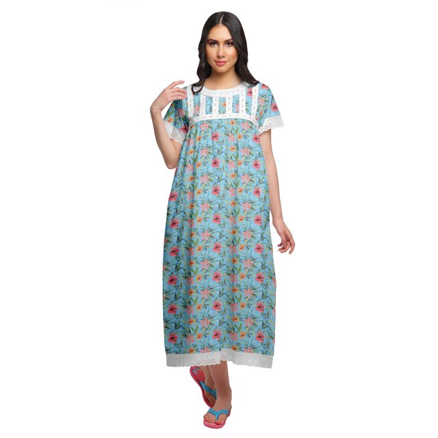 Moomaya Printed Sleepwear Cotton Ruffled Border Womens Maxi Nightdress