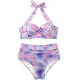 thumbnail image 3 of EGNMCR Bikini Set Women Vintage Swimsuit Two Piece Retro Halter Ruched High Waist Print Bikini Set, 3 of 8
