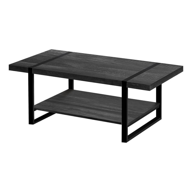 Monarch Specialties Coffee Table, Accent, Cocktail, Rectangular, Living Room, 48"l, Metal, Laminate, Black, Contemporary, Modern with industrial-farmhouse style, featuring a thick black laminate tabletop and a lower shelf in reclaimed wood-look finish with visible wood grain, supported by black metal legs for stability, suitable for living room storage and accent use.