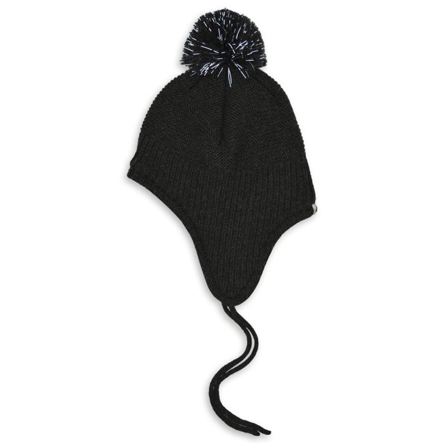 Black knit Hot Paws children's earflap hat with pom-pom and chin ties for warmth.