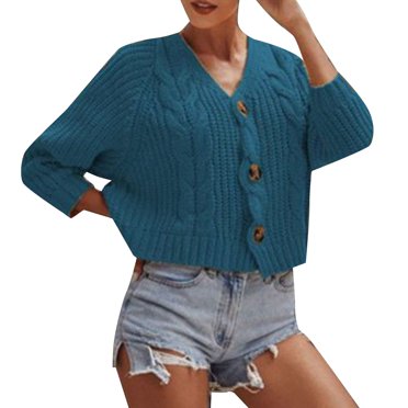 Baberdicy Cardigan Sweater Ladies Solid Color Button Sweater Knit Cropped Loose Cardigan Women's Cardigans Blue