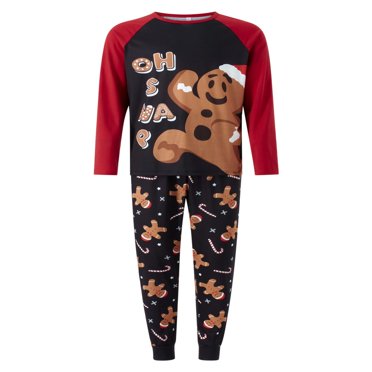 Pyjama de Noël pour la Famille à Manches Longues, Haut à Imprimé Bonhomme en Pain d'Épice + Ensemble Pantalon