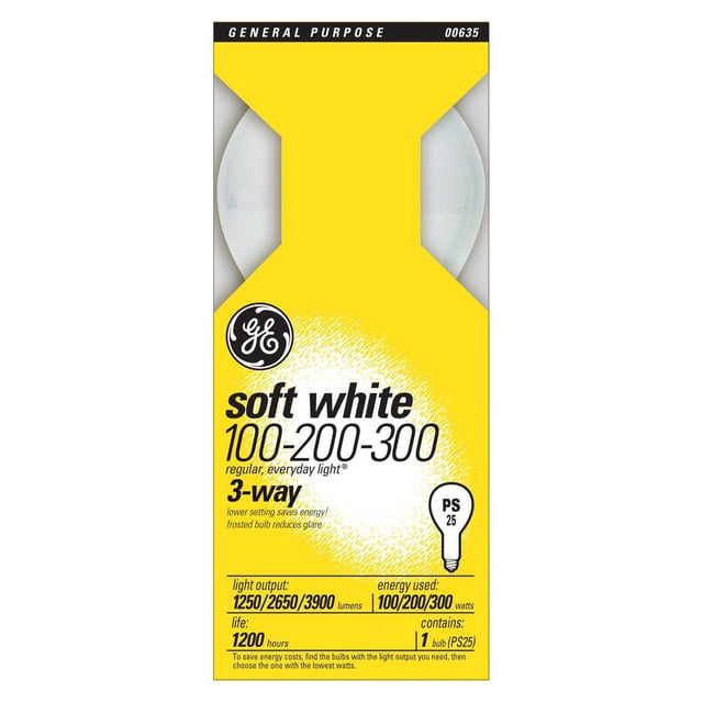 GE Soft White 100/200/300W 3-Way PS25 incandescent light bulb packaging with yellow background, showing frosted bulb that reduces glare, energy use of 100/200/300 watts, and light output of 1250/2650/3900 lumens for general purpose lighting.