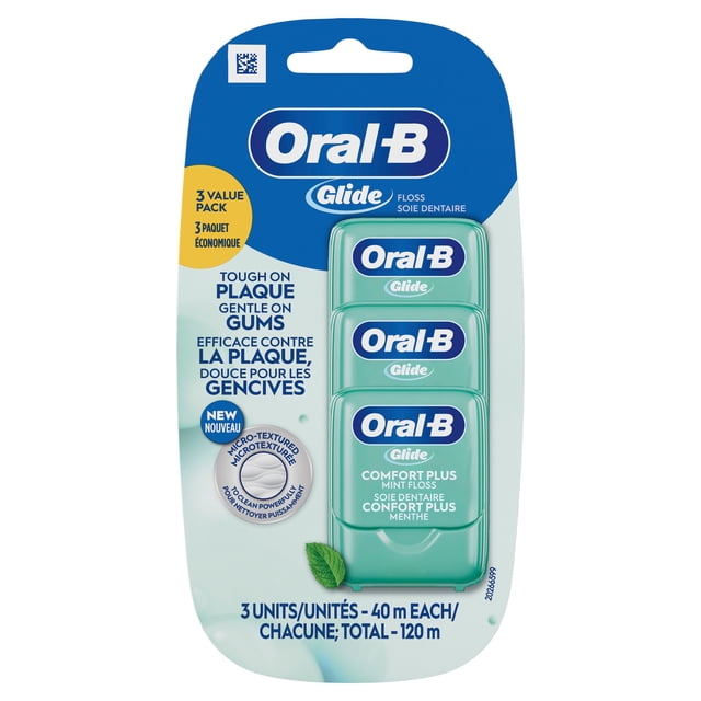 Oral-B Glide Pro-Health Comfort Plus Dental Floss, Extra Soft, 3-pack with 40 meters each, mint-flavored micro-textured floss that slides easily between teeth, tough on plaque and gentle on gums for effective oral care.