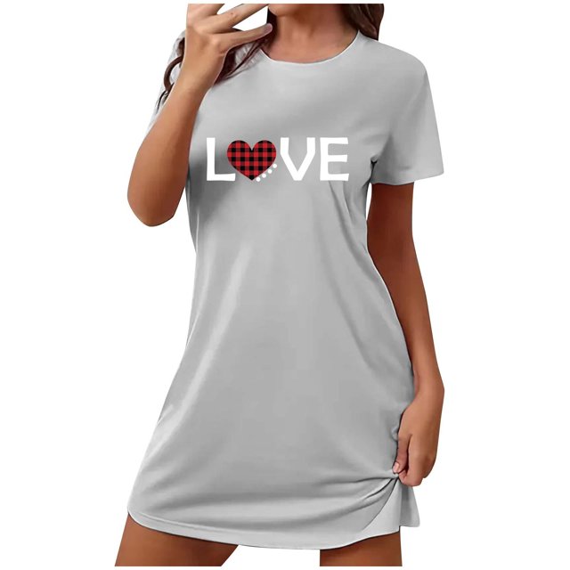 Jupe de Pyjama pour Femmes Chemises de Nuit pour Femmes Manches Courtes Chemises de Nuit pour Dormir Nuisette à Enfiler Douce Mignonne Imprimée Robe de Nuit Robes pour Femmes Tenue de Nuit Robe de Pyjama Gris P
