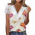 thumbnail image 2 of EGNMCR T-Shirts pour Femmes Femmes Mode Été Pli Imprimé Régulier Femmes Manches Courtes Col en V Bouton Haut, 2 of 5