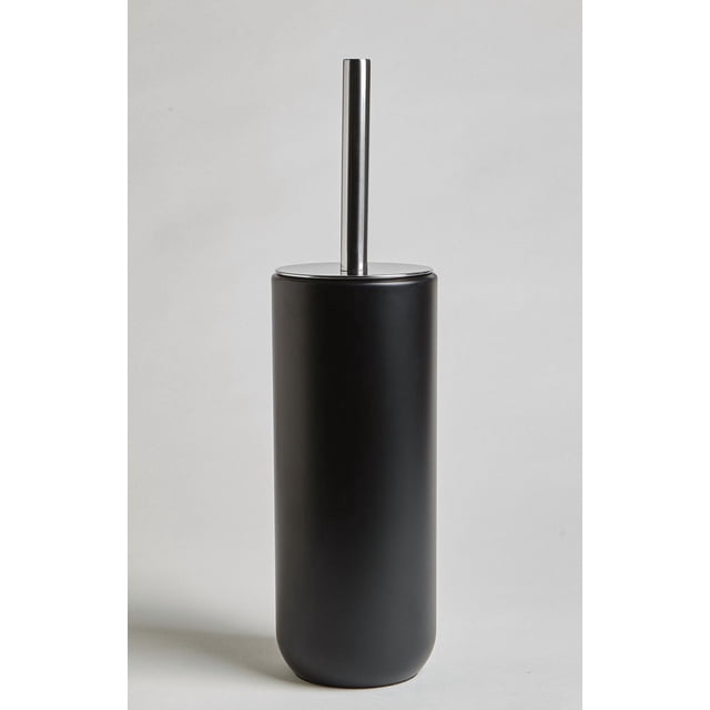 MODA AT HOME Brosse pour Bol KANATA - Noire avec un Support Cylindrique Mince Noir, Couvercle et Poignée en Acier Inoxydable, Gobelet Intérieur Amovible et Fond en Feutre, Conçue pour un Nettoyage Efficace des Toilettes de Salle de Bain et un Entretien Facile.