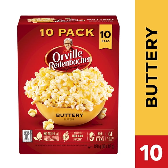 Orville Redenbacher Buttery Popcorn, 10 Pack Microwave Popcorn, 100% Whole Grain Popcorn, Non‑GMO Popcorn, Gluten Free, 820 g (10 bags x 82g)