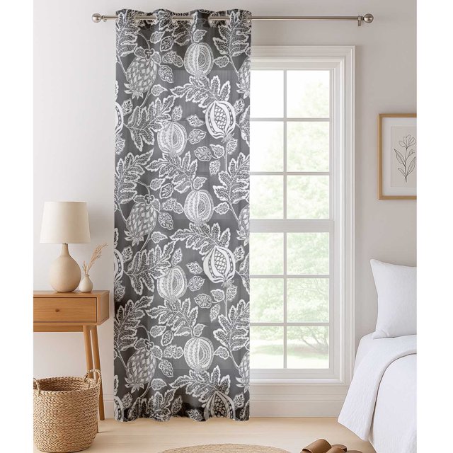 Vargottam Gray Fruits Print Sheer Curtains for Short Windows - Set of 2 Panels, 63", Grommet Top, Printed Georgette, Light Filtering Drapes for Kitchen or Bedroom