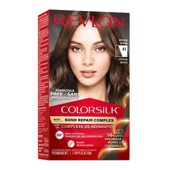 REVLON ColorSilk™ BOND REPAIR Permanent Hair Colour, 100% Gray Coverage, Ammonia Free Dye, Vegan Keratin, Medium Brown 1PK