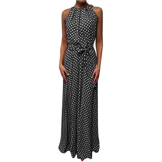 AMERTEER Robe Maxi Sans Manches à Pois pour Femmes, Ceinture, Fête, Banquet