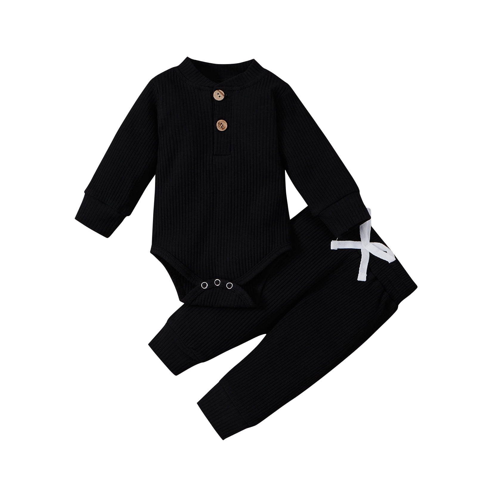 Pudcoco Ensemble de Vêtements pour Bébé Uni Combinaison à Col Rond Pantalon à Taille Élastique