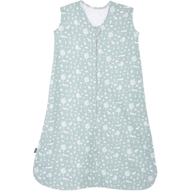 HALO® SleepSack®, 100% cotton wearable blanket in sage woodland pattern with white silhouettes of trees, deer, foxes, and small animals. Sleeveless baby sleeping bag features a front inverted zipper for easy diaper changes and is approved for hip-healthy, safe sleep.