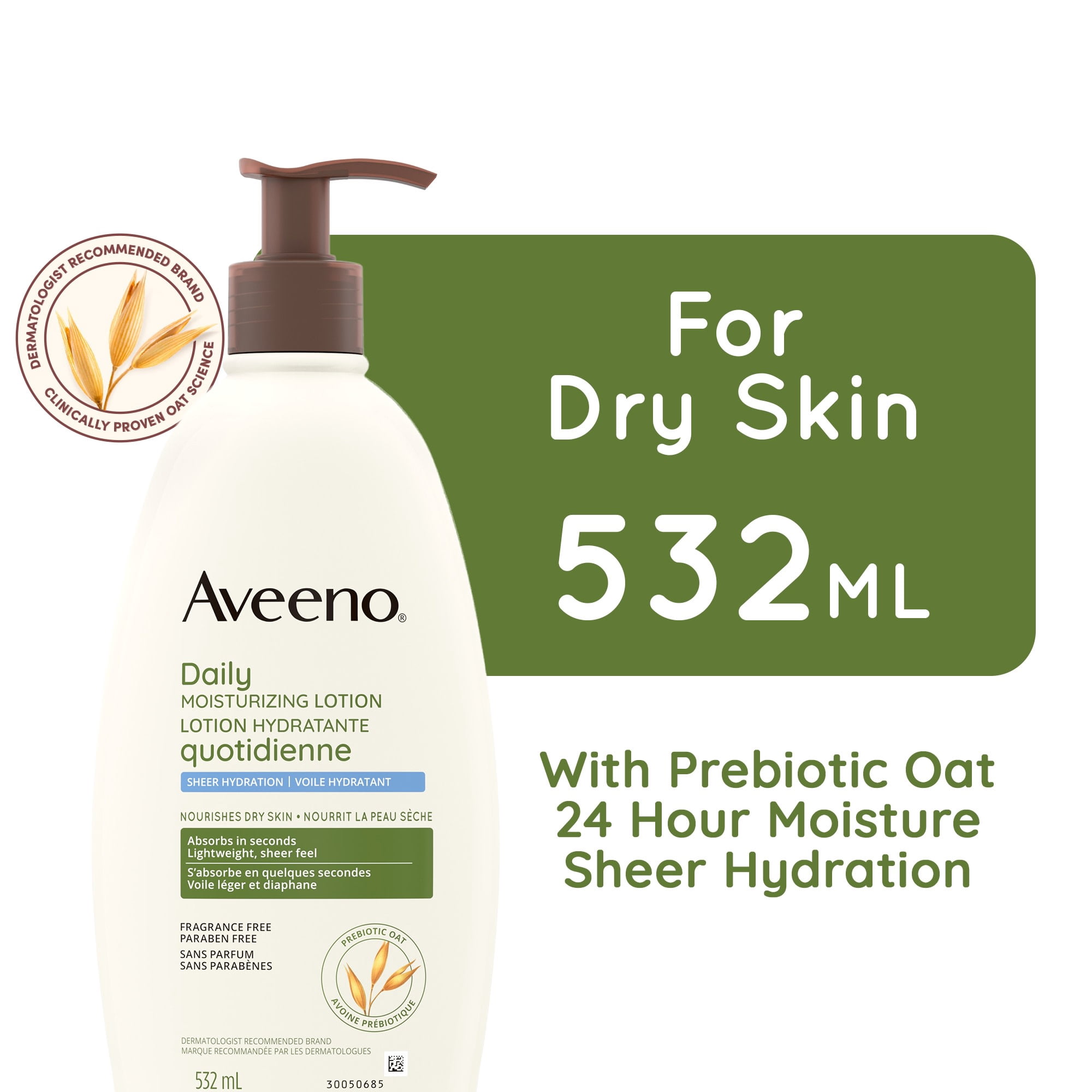 Aveeno Daily Moisturizing Lotion Sheer Hydration, Dry Skin Care, Emollient Cream, Oat, Fragrance Free