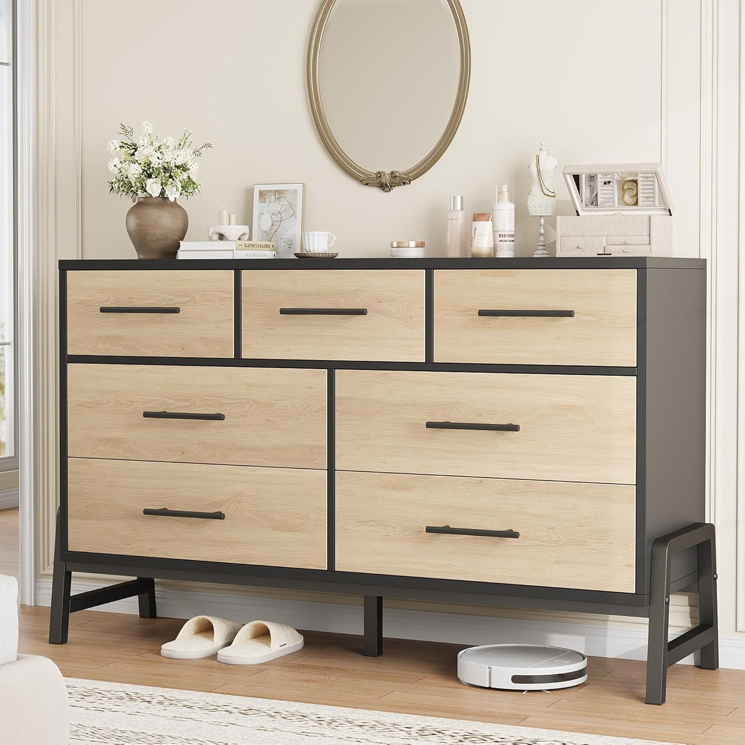 7 Dresser for Bedroom, Freestanding 52 in Wide Drawer Dresser with Storage, Wooden Closet Storage Chest for Living Room, Bedroom, Entryway, Natural Oak + Black