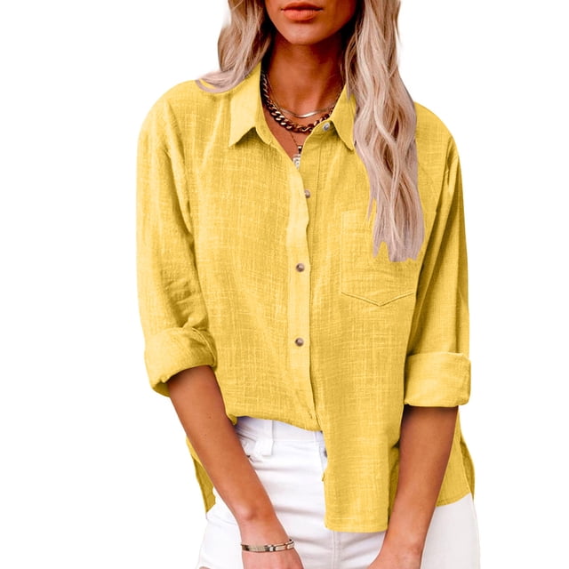 AherBiu Plus Size Women Button down Tops Long Sleeve Lapel Collar Linen Tops Fall Casual Solid Color Cotton Blouses