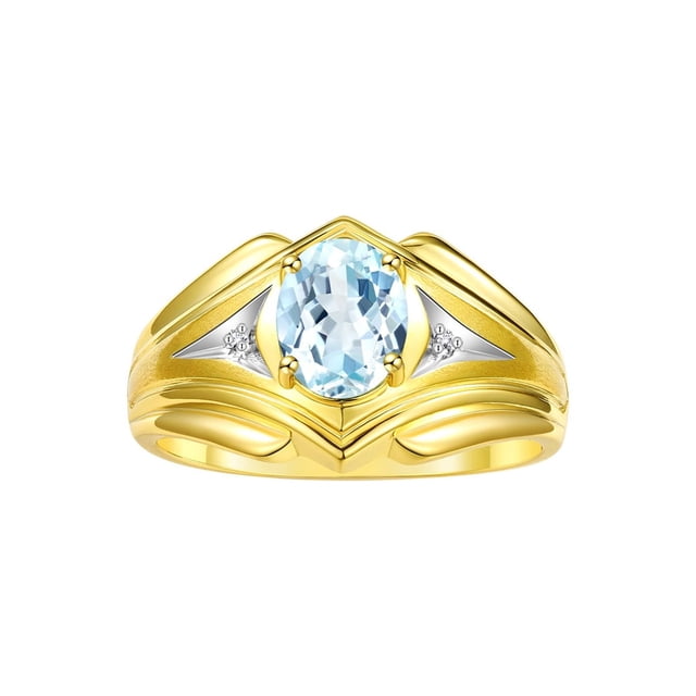 RYLOS Men's Rings 14K Yellow Gold Rings Classic Designer Style 9X7MM Oval Gemstone & Diamond Ring Aquamarine March Birthstone Rings For Men Size 10