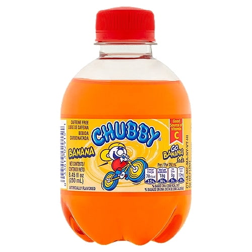 Chubby Go Banana Caribbean soda in a 250 ml clear plastic bottle with a red screw cap, featuring a yellow label with a cartoon cyclist, banana flavor, caffeine-free, and a good source of vitamin C, suitable as a refreshing fruit juice blend.
