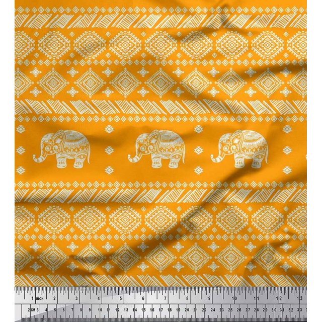 Soimoi Poly Georgette Fabric Aztec & Tribal Elephant Animal Printed Craft Fabric by the Yard 42 Inch Wide