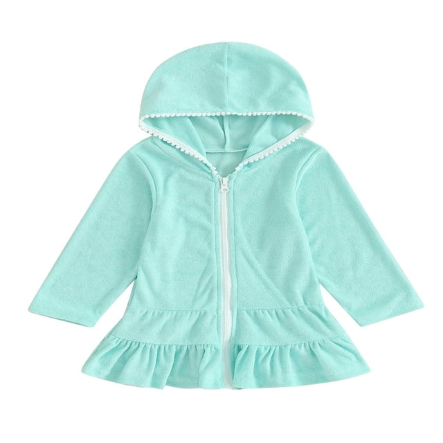 Kids Girl Hoodie Dress Solid Color Ruffled Zipper Long Sleeves Beach Dress