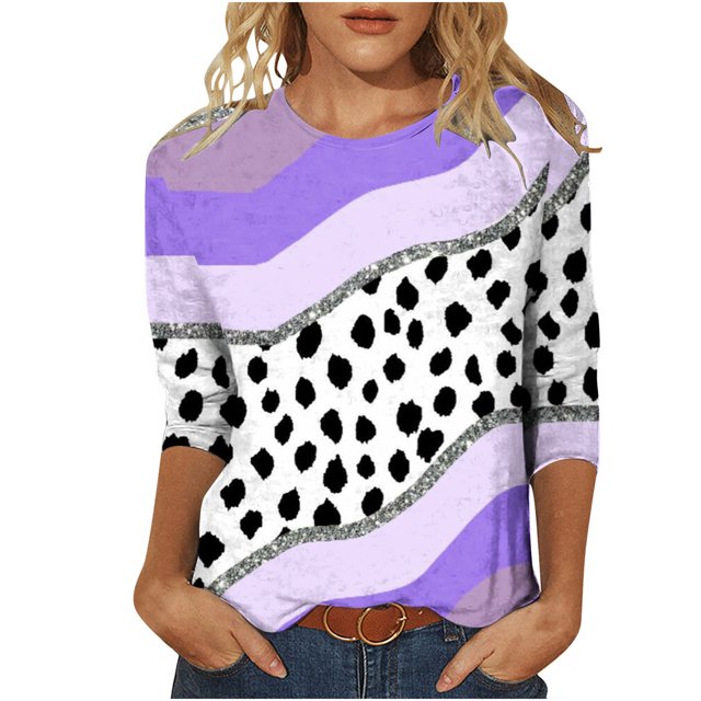 Pompotops T-shirt Ample à Imprimé Léopard pour Femme, Manches 3/4, Col Rond, Haut Décontracté, Liquidation