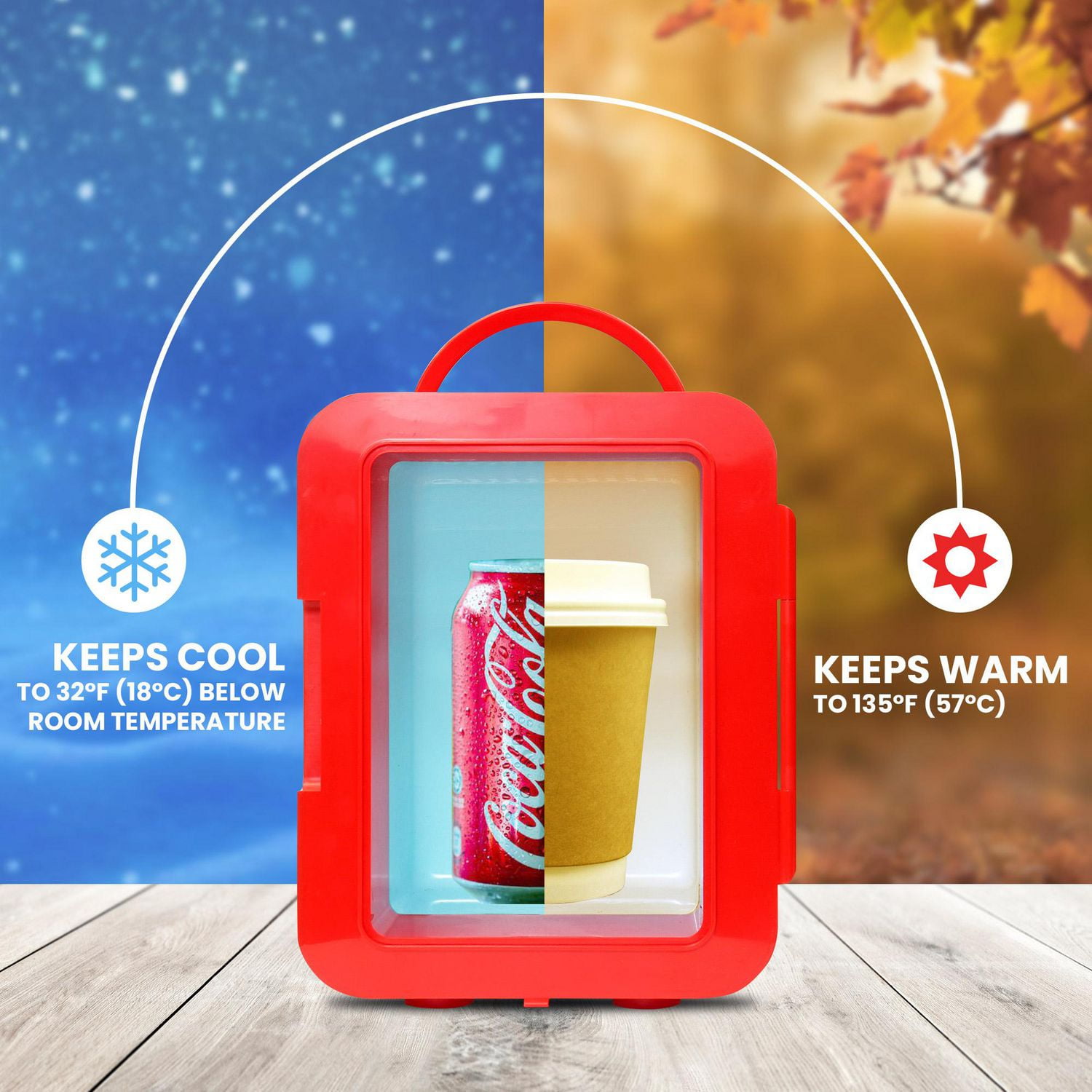 Coca-Cola Mini réfrigérateur portable 4 L, mini refroidisseur/réchauffeur 6 canettes pour les voyages, le bureau et la maison - Rouge