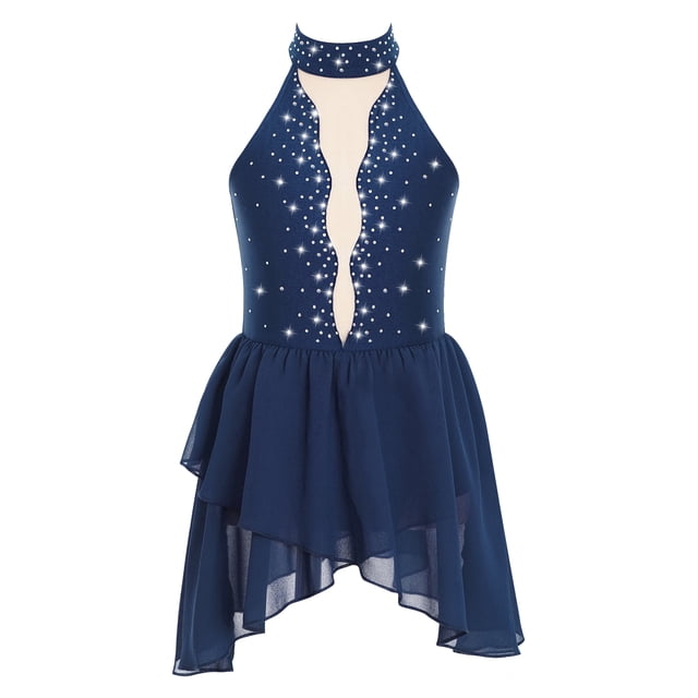 RUNQHUI Kids Girls Lyrical Dance Dress Shiny Rhinestone Halter Sleeveless Backless Leotards Dress Navy Blue 14